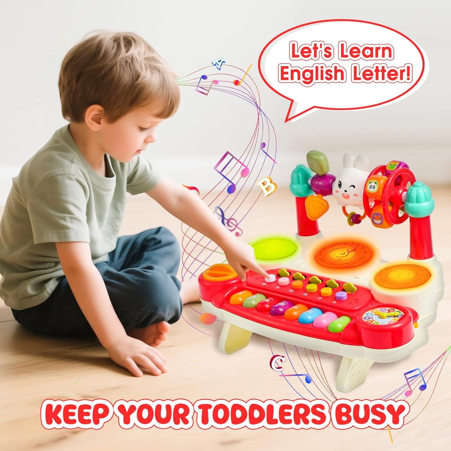 Baby Educational Musical Toys for 18-24 Months Toddlers 2 3 4 5 6 Years Old Boys Girls, Interactive Early Learning Toy for Kids Piano Drum Set Montessori Toys Christmas Birthday Gifts Red