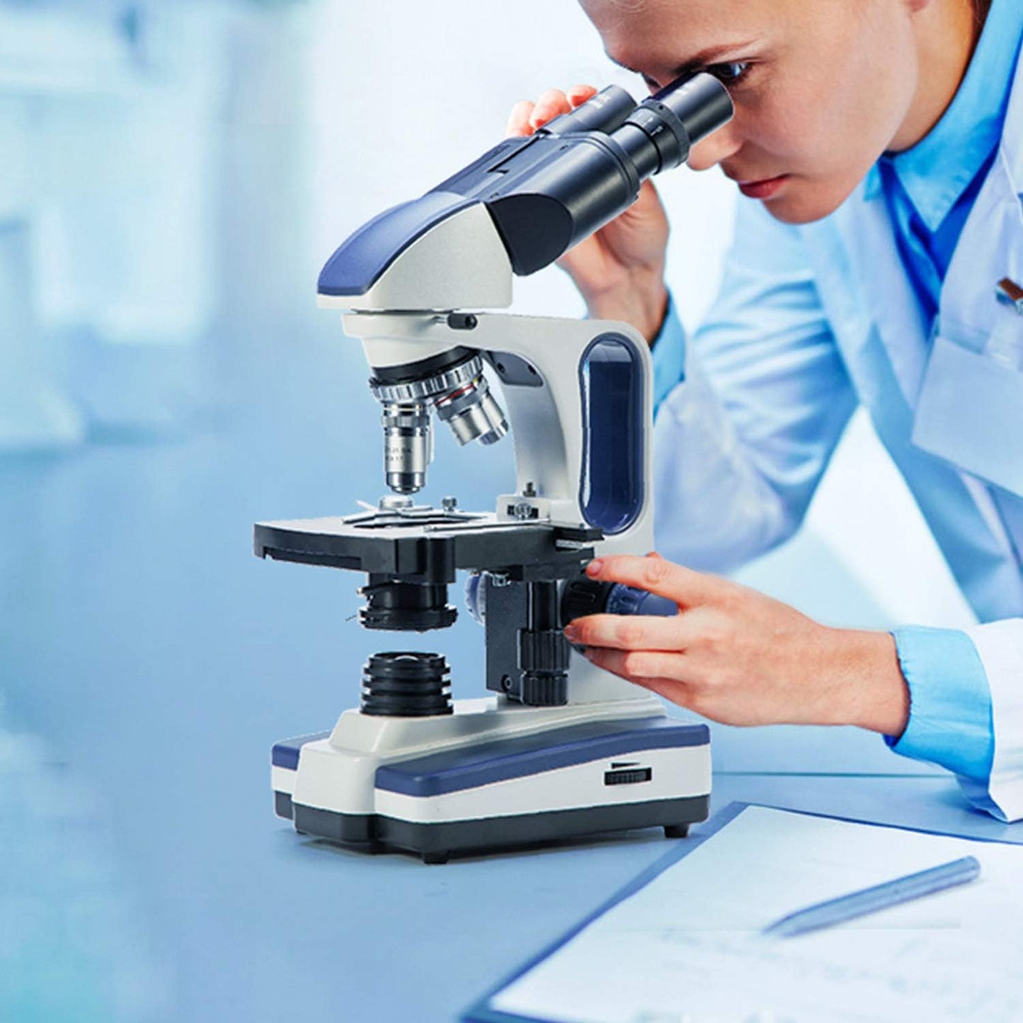 Swift Binocular Compound Microscope SW350B, 40X-2500X Magnification,Siedentopf Head,Research-Grade,Two-Layer Mechanical Stage,1.3mp Camera and Software Windows and Mac Compatible