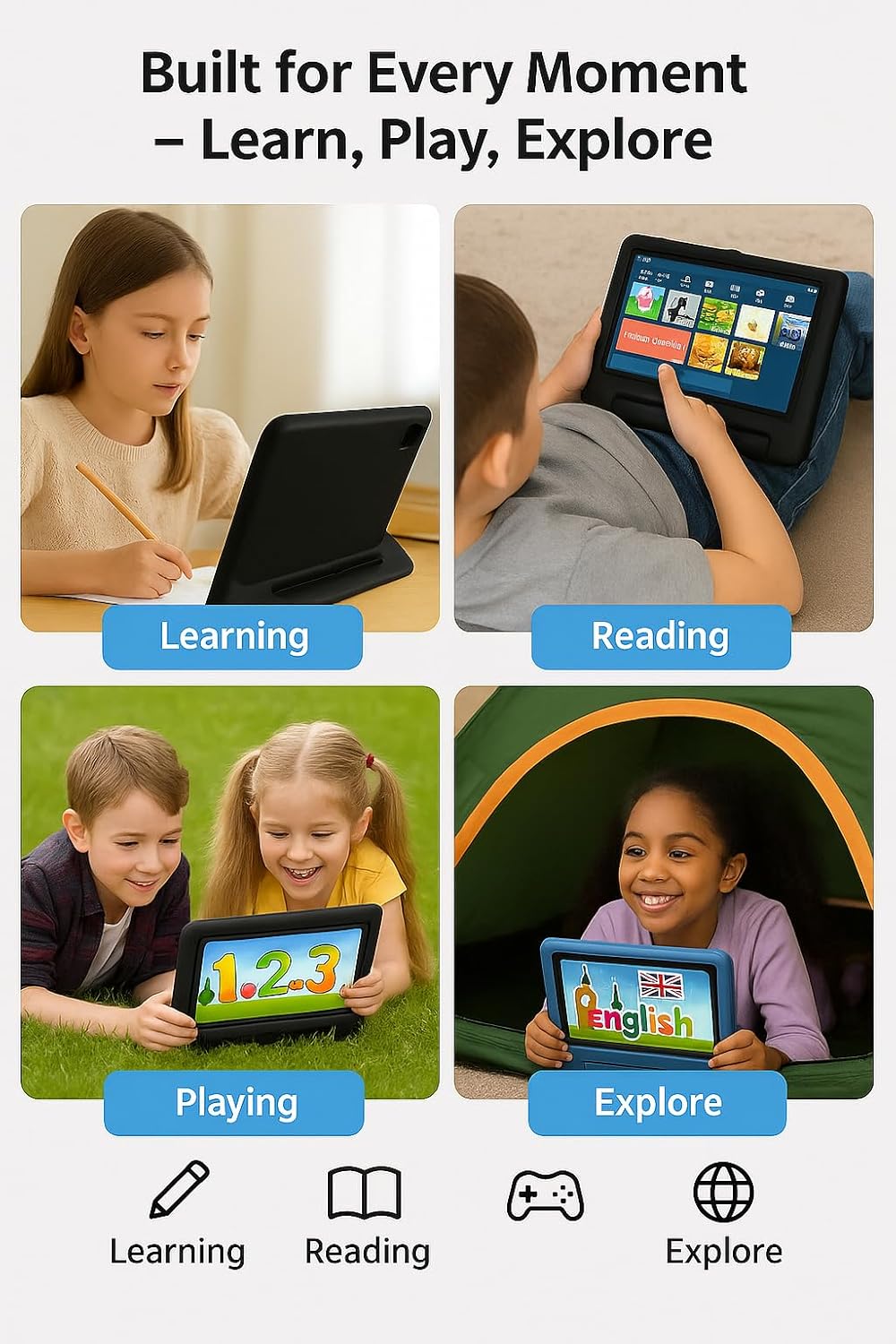 10.1 Inch Kids Tablet with Shockproof Case | Android 14, 64GB+8GB RAM, 12H Battery | Parental Control, Google Kids Space & Preloaded Educational Apps | WiFi 6, HD Display, Ages 3-12