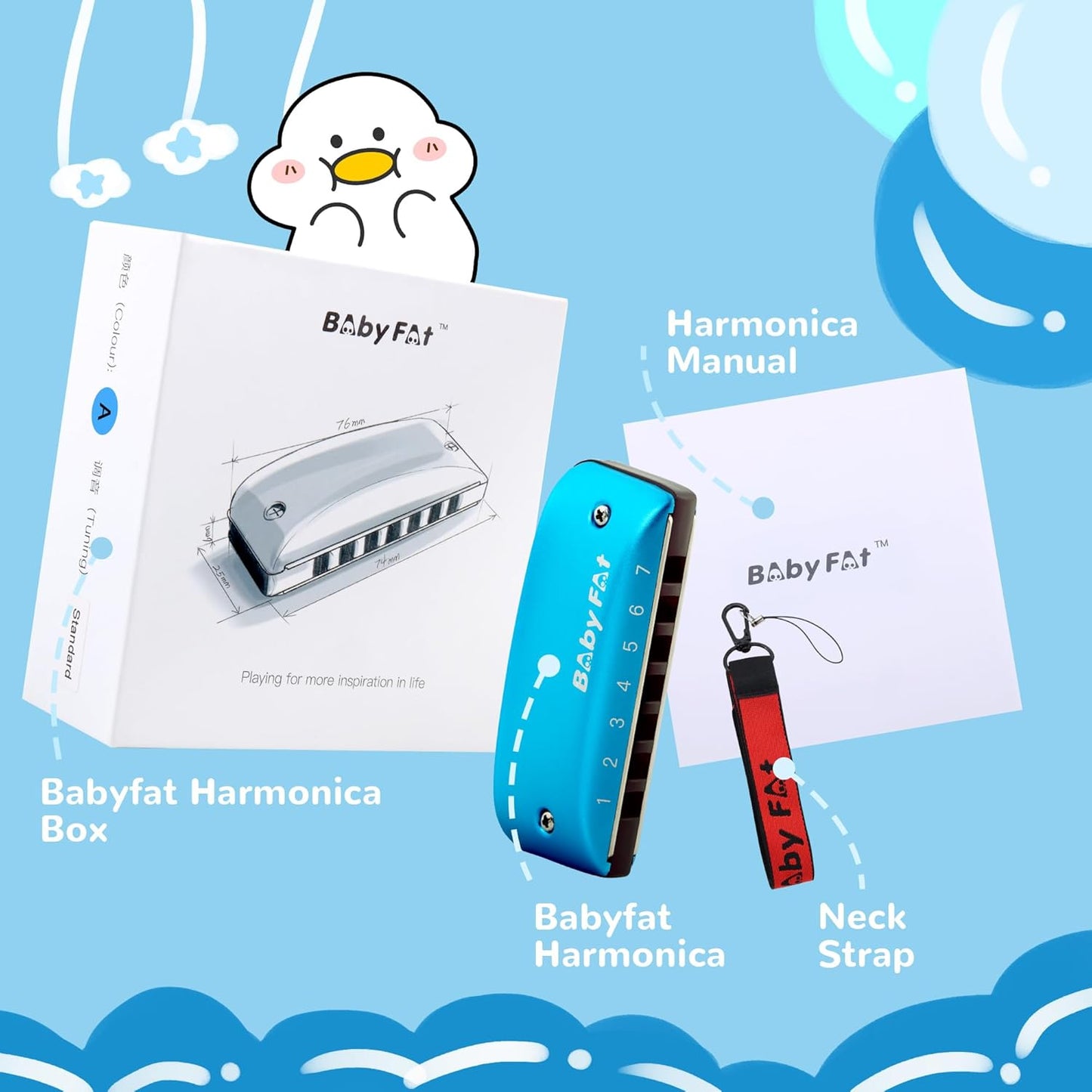 BabyFat 7 Hole Blues Mini Harmonica Set,Diatonic Harmonica with free lanyards,Gifts for Kids and Beginners,Easy-playing Musical Instrument(A Key)