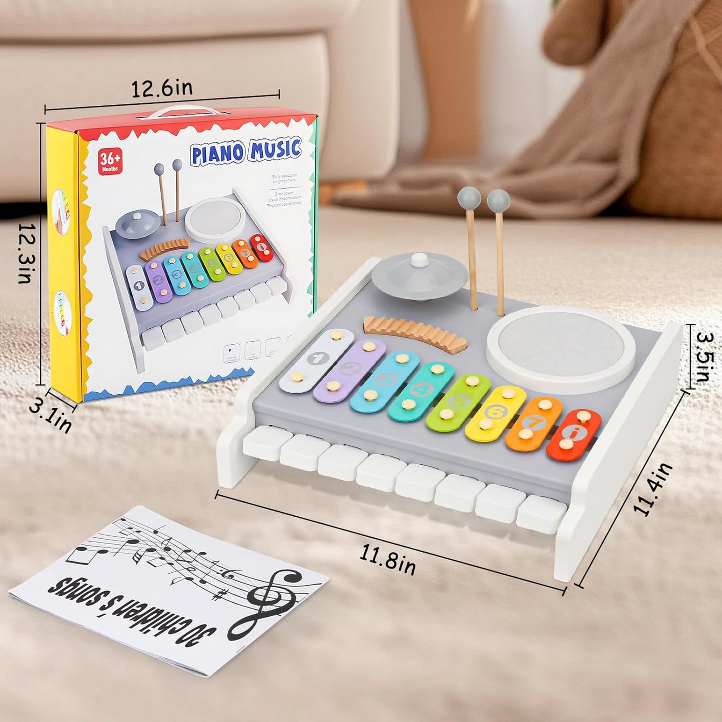 Kids Musical Instruments Piano Drum Set - 5 in 1 Montessori Toys for Toddler Baby, Wooden Music Kit with Piano Keyboard Xylophone, Preschool Educational Sensory Toys, Gifts for Boys Girls 1-8