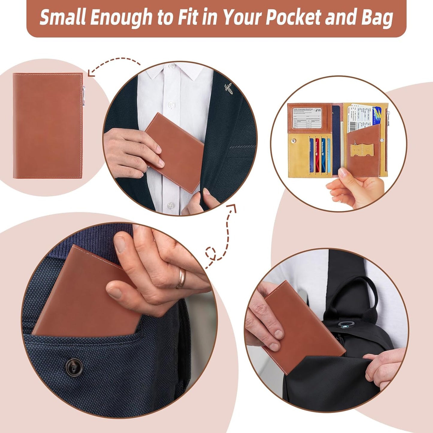 Genuine Leather Travel Passport Wallet, Slim RFID Blocking Holder for Secure Travel and Document Organization (Brown)