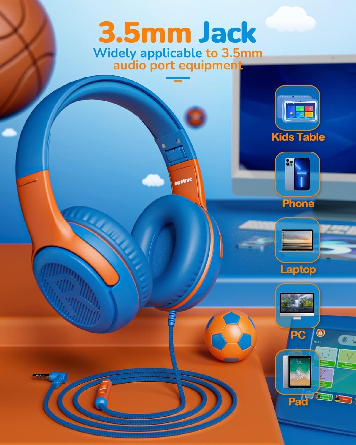 Kids Headphones Wired Toddler Headphones with Microphone, Over-Ear Headphones, 85/94dB Volume-Limiting, 3.5mm Jack, Foldable On-Ear Design - Safe & Comfortable for Learning BRBO