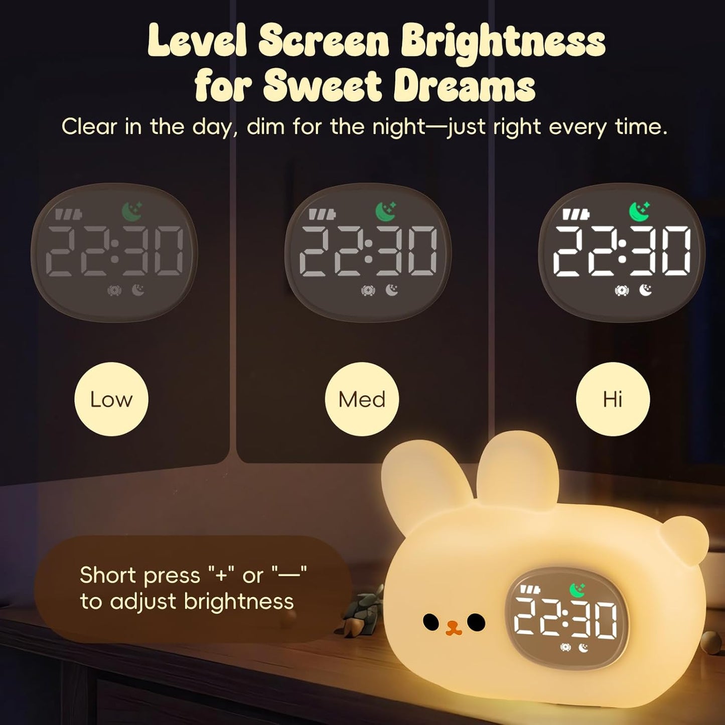 Bunny Alarm Clock with Night Light for Kids with Sleep Training and Sound Machine, Rechargeable Silicone Lamp OK to Wake Clock,Cute Animal Tabletop Lamp, Perfect Sleep Companion for Boys Girls