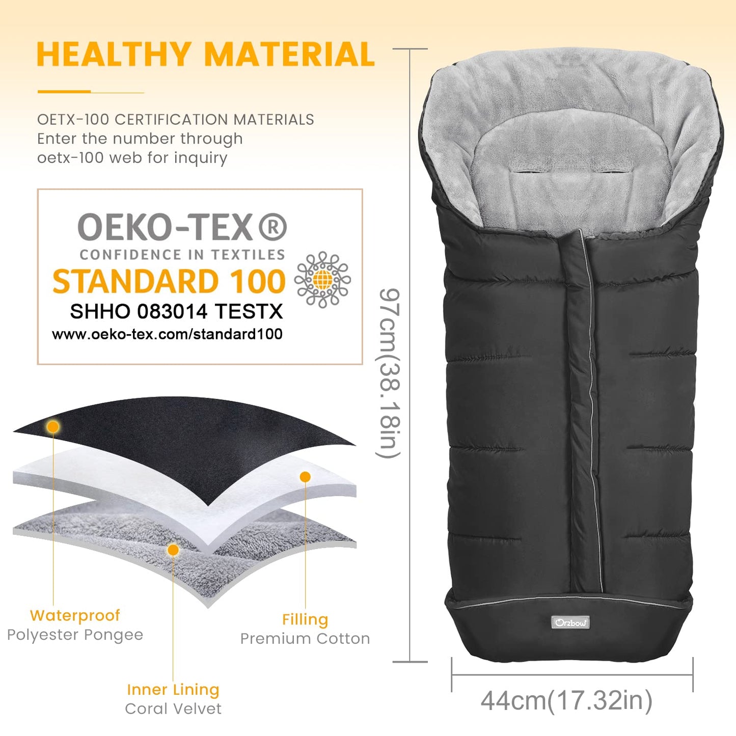 Orzbow Warm Bunting Bag Universal, Stroller Sleeping Bag Cold Weather, Waterproof Toddler Footmuff (Black, Large)