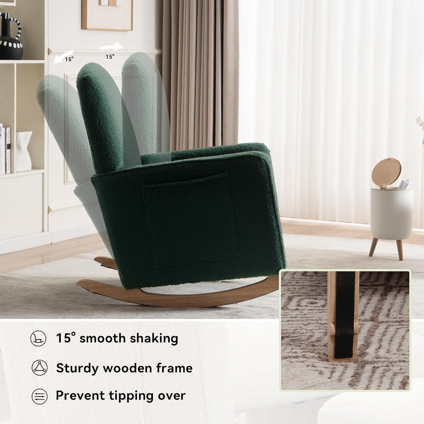 FOXHUNTER Rocking Chair Nursery with Adjustable Footrest and High Backrest, Upholstered Glider Chairs with Side Pockets for Nursery, Rocker Armchair Indoor for Living Room,Green