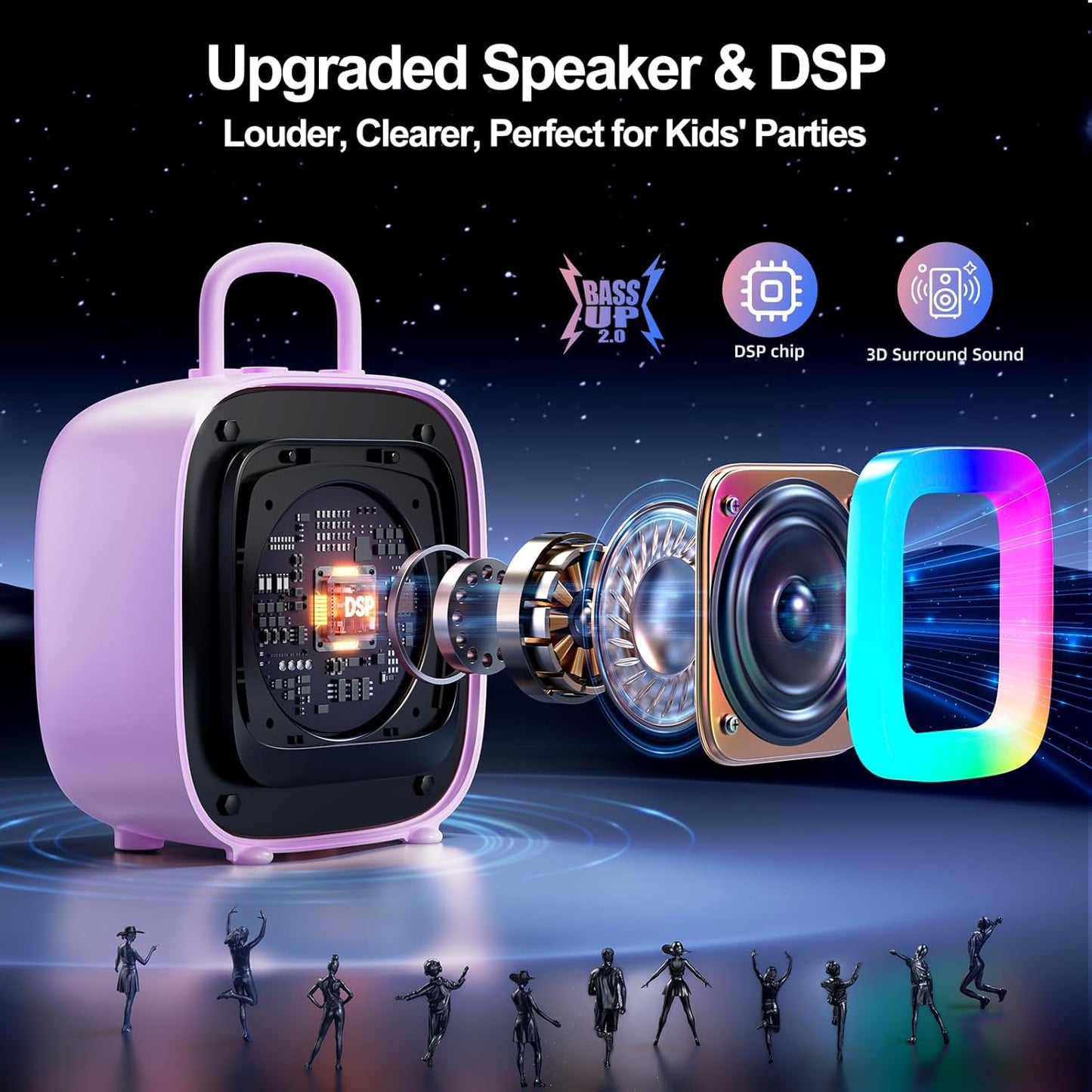 Kinglucky Karaoke Machine for Kids Girls Ages 3-12 with 2 Light-Up Microphones, Bigger Size Yet Portable Bluetooth Speaker with Voice Effects for Birthday, Family Fun & Party (Purple)