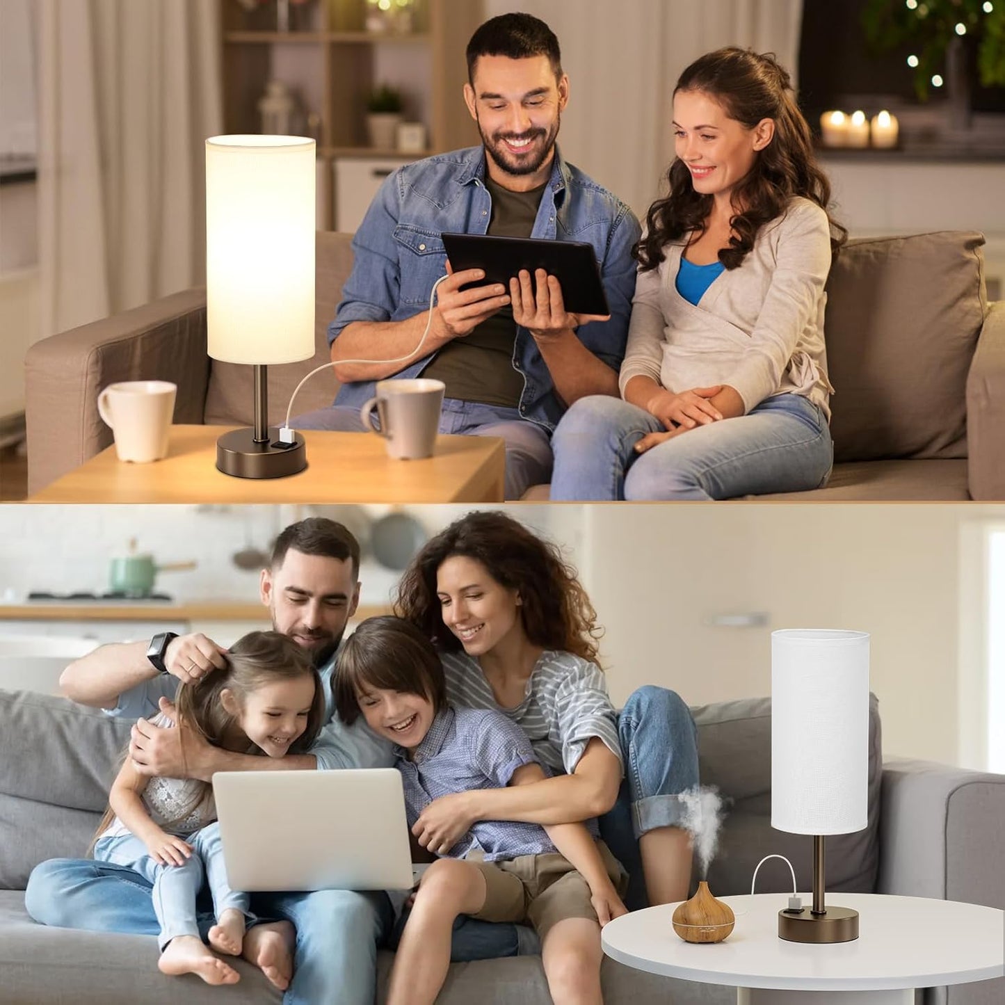 Bedside Touch Table Lamps for Bedroom Nightstand with USB-C USB-A Charging Ports, White & Brown 3 Way Dimmable Small Desk Lamp for Office, Living Room, Reading, Dorm