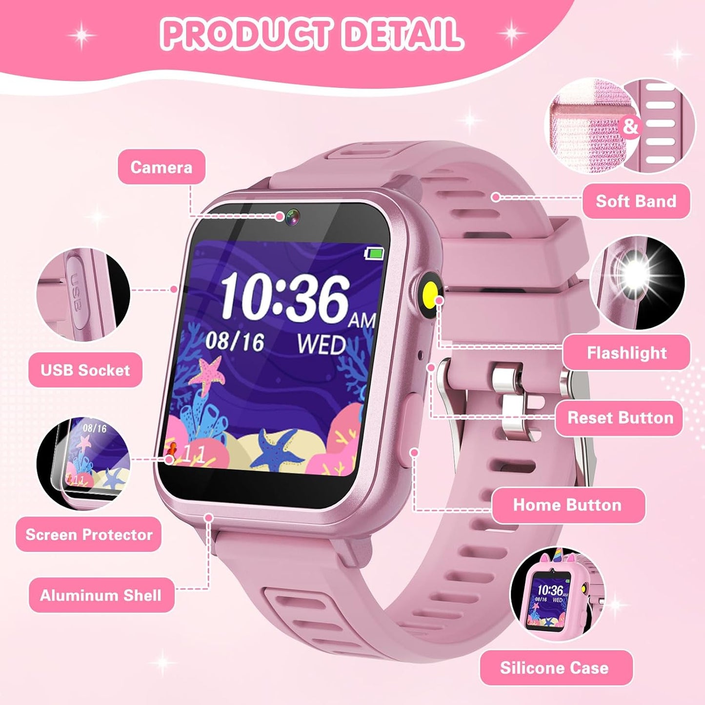 Smart Watch for Kids with 39 Games Touchscreen Camera Video, Music Player, Pedometer, Calculator, Calendar, Stopwatch, Flashlight, Alarm Clock 12/24 hr, Birthday Gifts Toys for Girls Ages 3-12