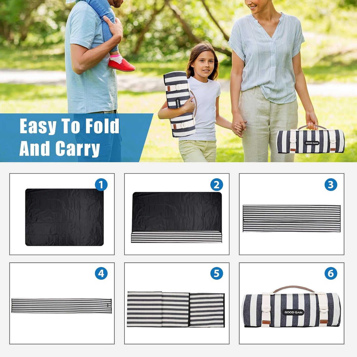 Picnic Blankets Outdoor Extra Large - Waterproof Picnic Blanket with Carry Strap | Machine Washable Picnic Mat with Sandproof Backing for Park,Grass,Hiking,Travel,Concerts,Indoor(Aegean Blue)