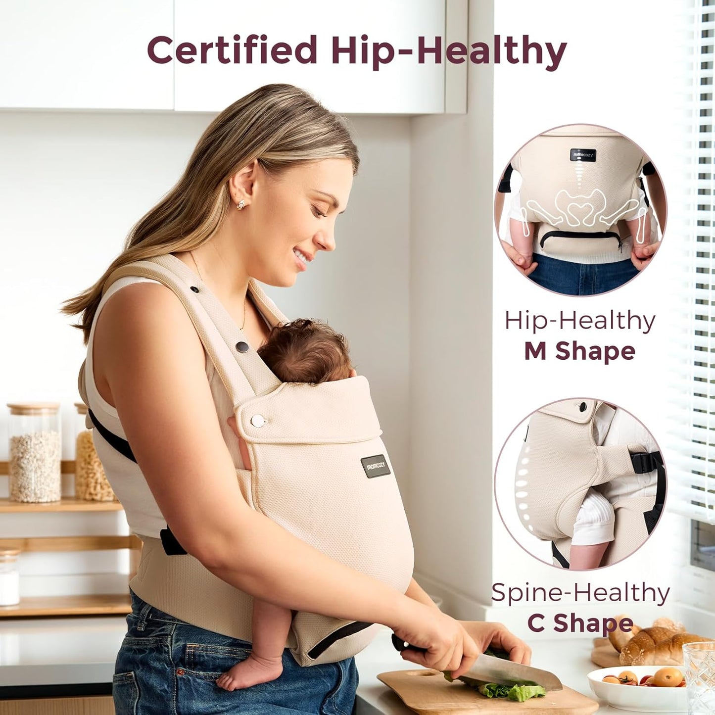 Momcozy Newborn Baby Carrier - Ergonomic, Cozy and Lightweight Carrier for 7-24lbs, Adjustable Neck Support with Sunshield, Breathable Airmesh Perfect for Summer Outing, Khaki