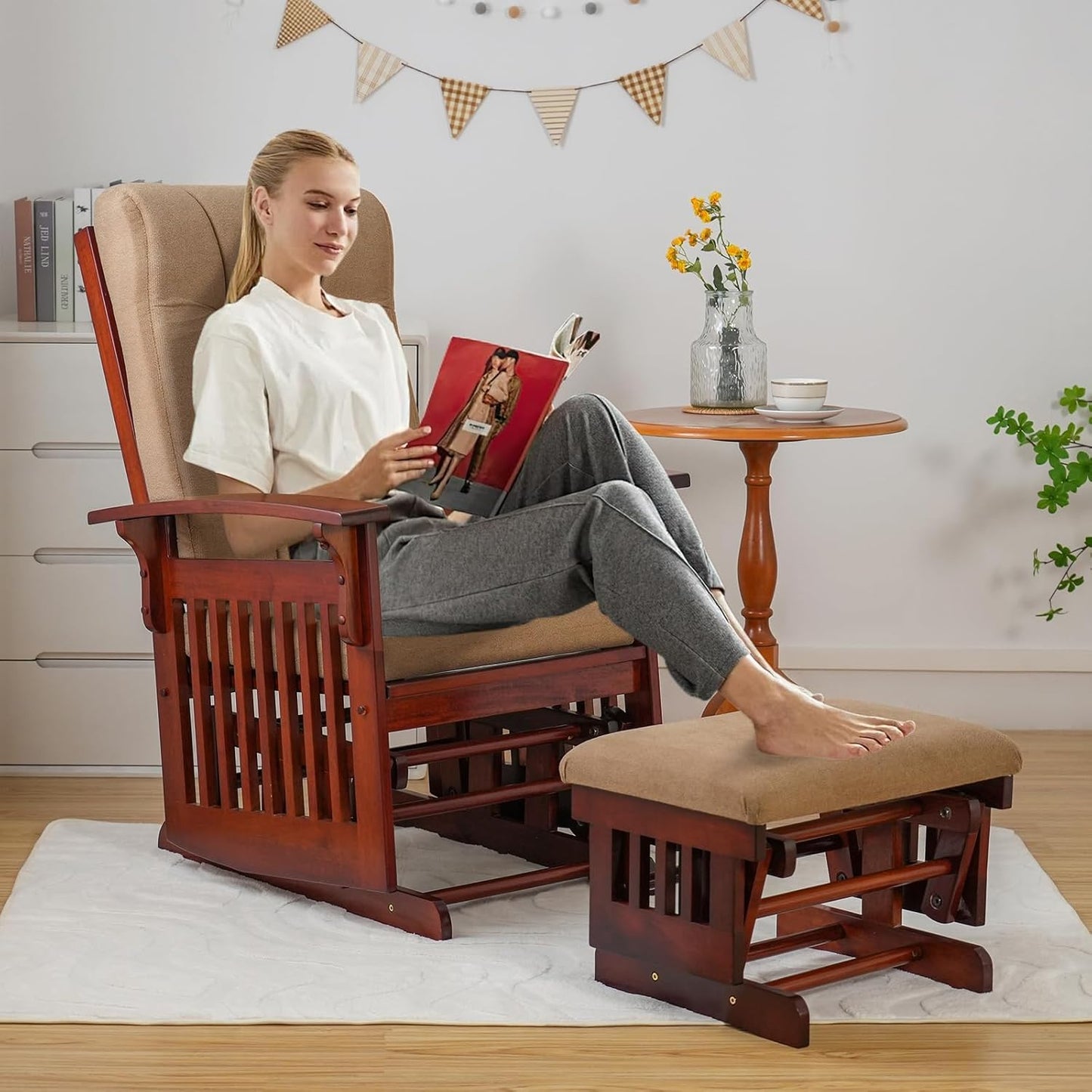 Glider Rocking Chair Nursery with Ottoman Smooth Rocking Motion, Easy to Assemble, Solid Hardwood Base Indoor Adult (Brown)