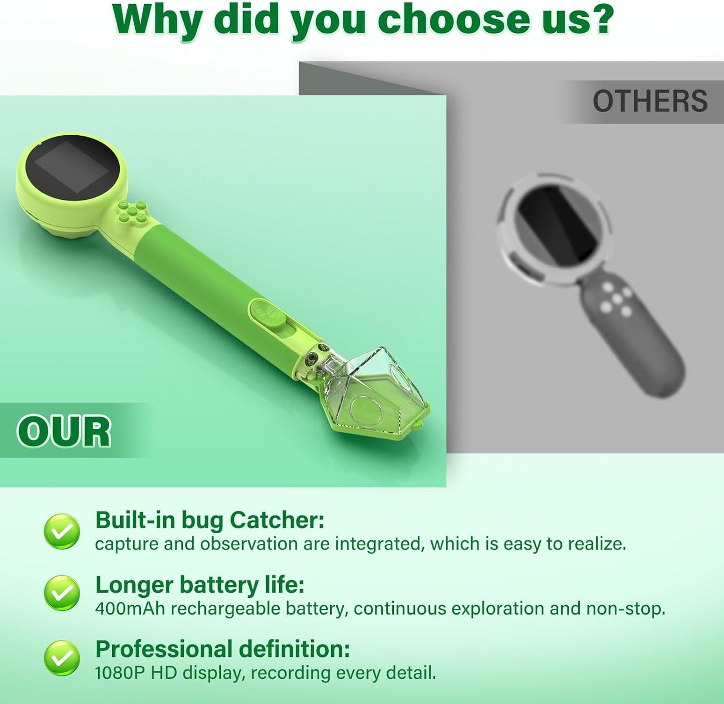 Microscope for Kids with Bug Catcher, Digital Portable Handheld 500X 1080P HD Kids Microscopes Kit,STEM Science Educational Learning Toys Gifts for 3-15 Boys Girls(Microscope Kit Green)