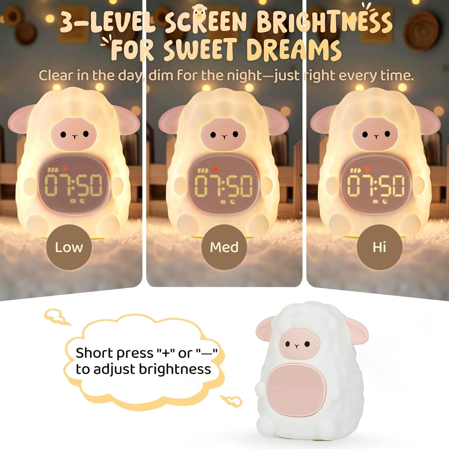 Sheep Alarm Clock with Night Light for Kids with Sleep Training and Sound Machine, Rechargeable Silicone Lamp OK to Wake Clock,Cute Animal Tabletop Lamp, Perfect Sleep Companion for Boys Girls, Pink