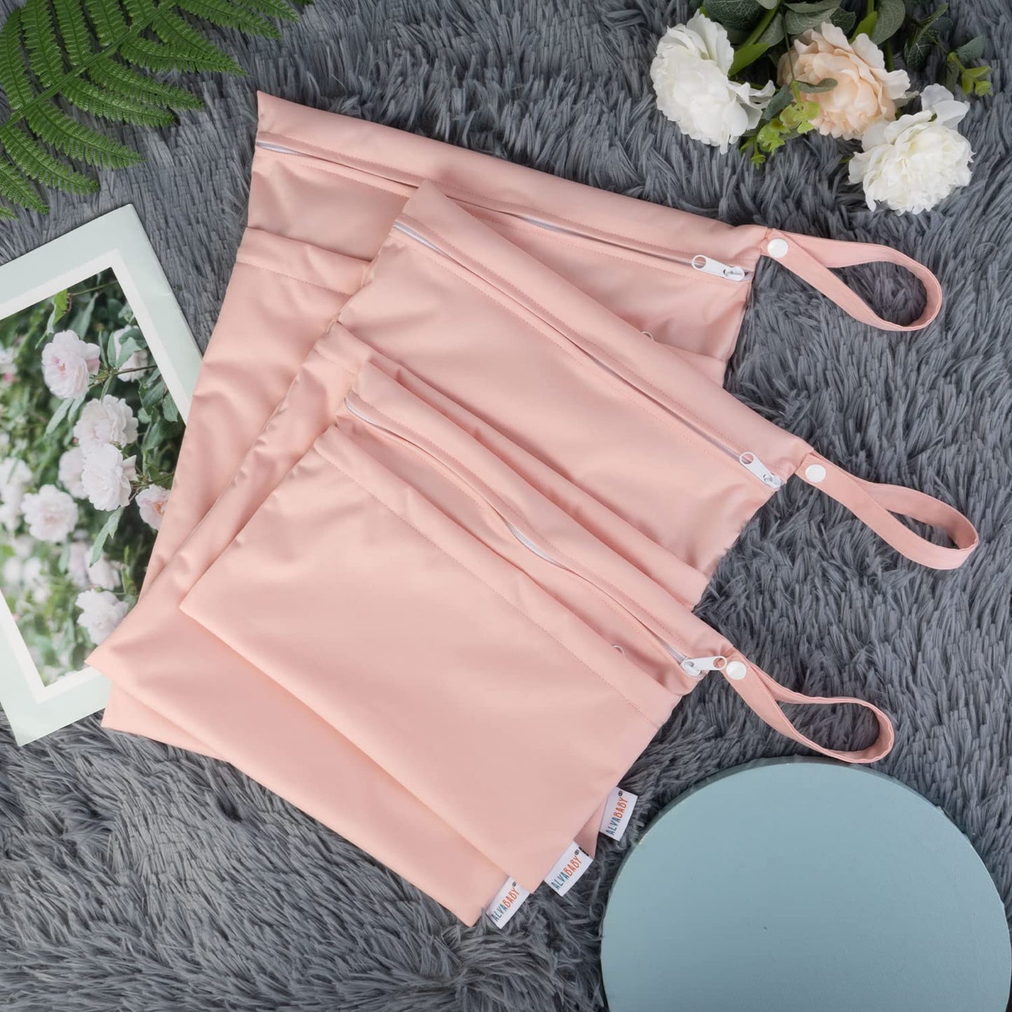 ALVABABY 3pcs Baby Cloth Diaper Wet/Dry Bags|Waterproof Reusable with Two Pockets|Travel, Beach, Pool, Daycare, Soiled Baby Items,Yoga,Gym Bag for Swimsuits or Wet Clothes (3 pcs in SML, Pink) 3L-B19