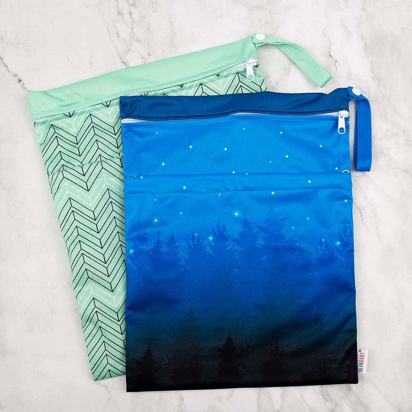 ALVABABY 2pcs Cloth Diaper Wet Dry Bags Waterproof Reusable with Two Zippered Pockets Travel Beach Pool Daycare Soiled Baby Items Yoga Gym Bag for Swimsuits or Wet Clothes LX-AMD0912