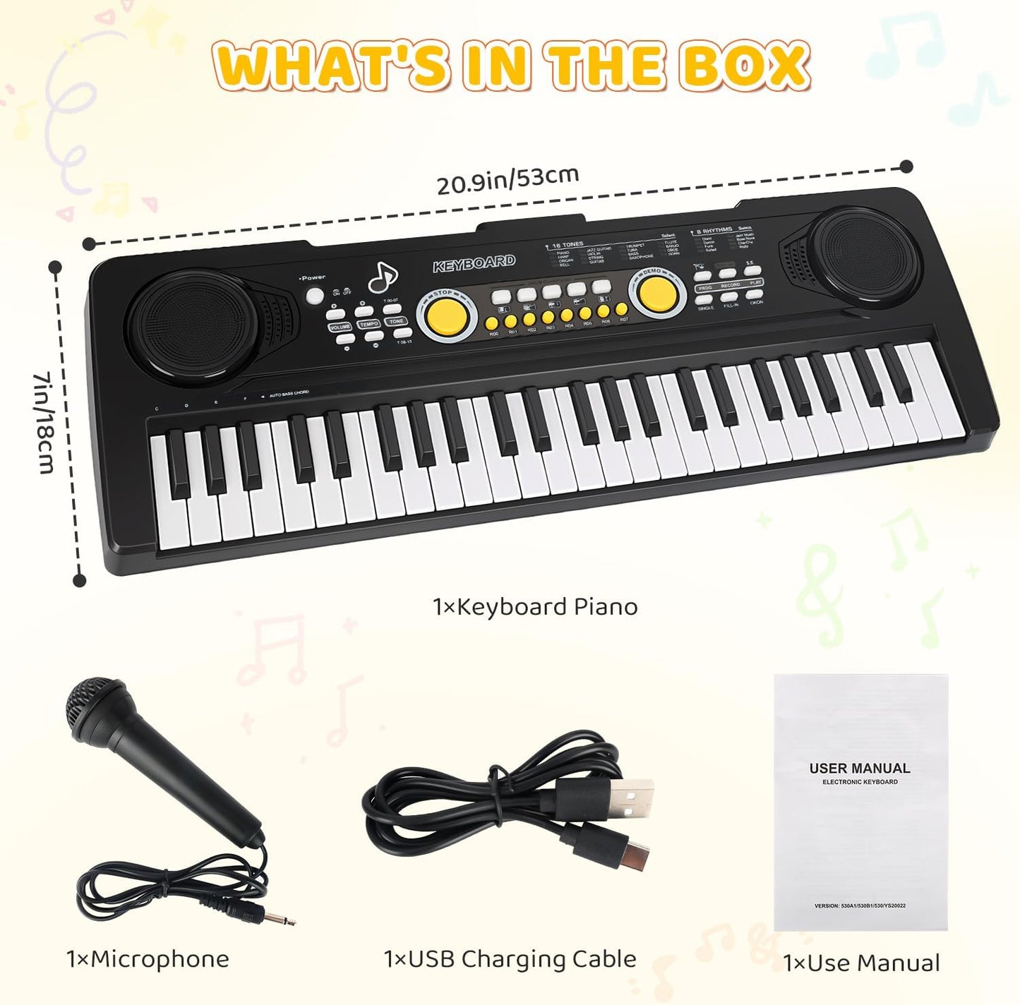 Kids Piano Keyboard Toy with Mic – 49 Keys Portable Electronic Piano for 3 4 5 6 7 Girls Boys Beginners Birthday Xmas Gifts, Black