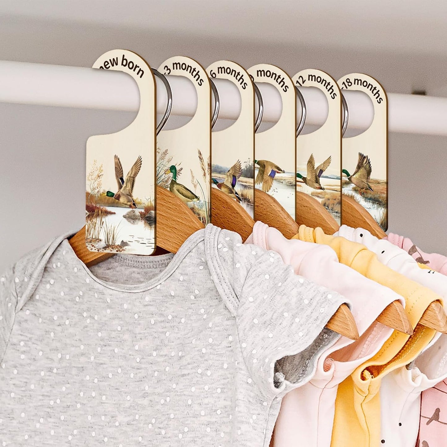 Whaline 8Pcs Baby Closet Size Dividers - Watercolor Mallard Duck Hanging Wood Organizer for Newborn to 24 Months - Thicken Wardrobe Organizer