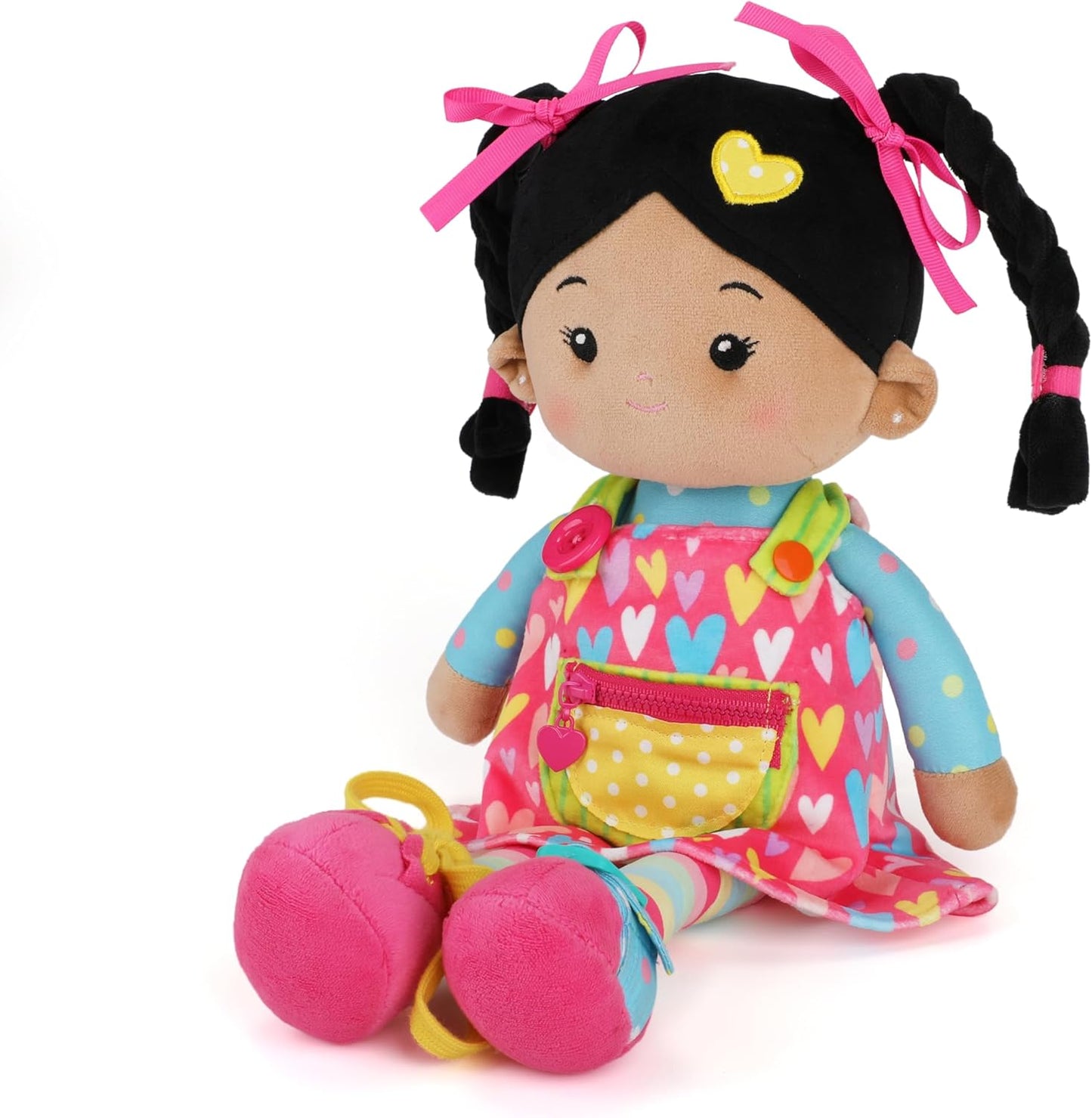 Soft Bady Educational Soft Baby Doll(16''), Learning Sensory Doll for Toddlers, Montessori Toys for 2-Year-Old Girls Christmas, Birthday Gifts, Plush Doll with Button-Busy Sweetheart Tanned