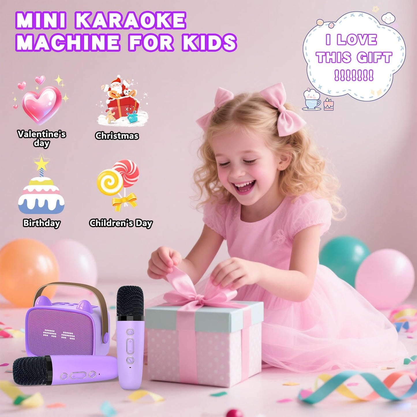 Mgaolo Upgraded Mini Karaoke Machine Toy for Kids, Portable Bluetooth Speaker with 2 Wireless Mics, Emoji & Colorful LED Lights, Home Travel & Party Play Gifts for Boys Girls (Purple)
