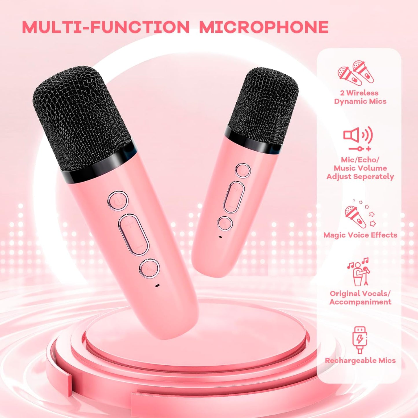 YLL Mini Karaoke Machine for Kids Adults, Portable Bluetooth Speaker with 2 Wireless Microphones, Most Popular Toys Birthday Gifts for Girls 4, 5, 6, 7, 8, 9, 10, 11, 12+ Years Old Toddler Teens(Rose)