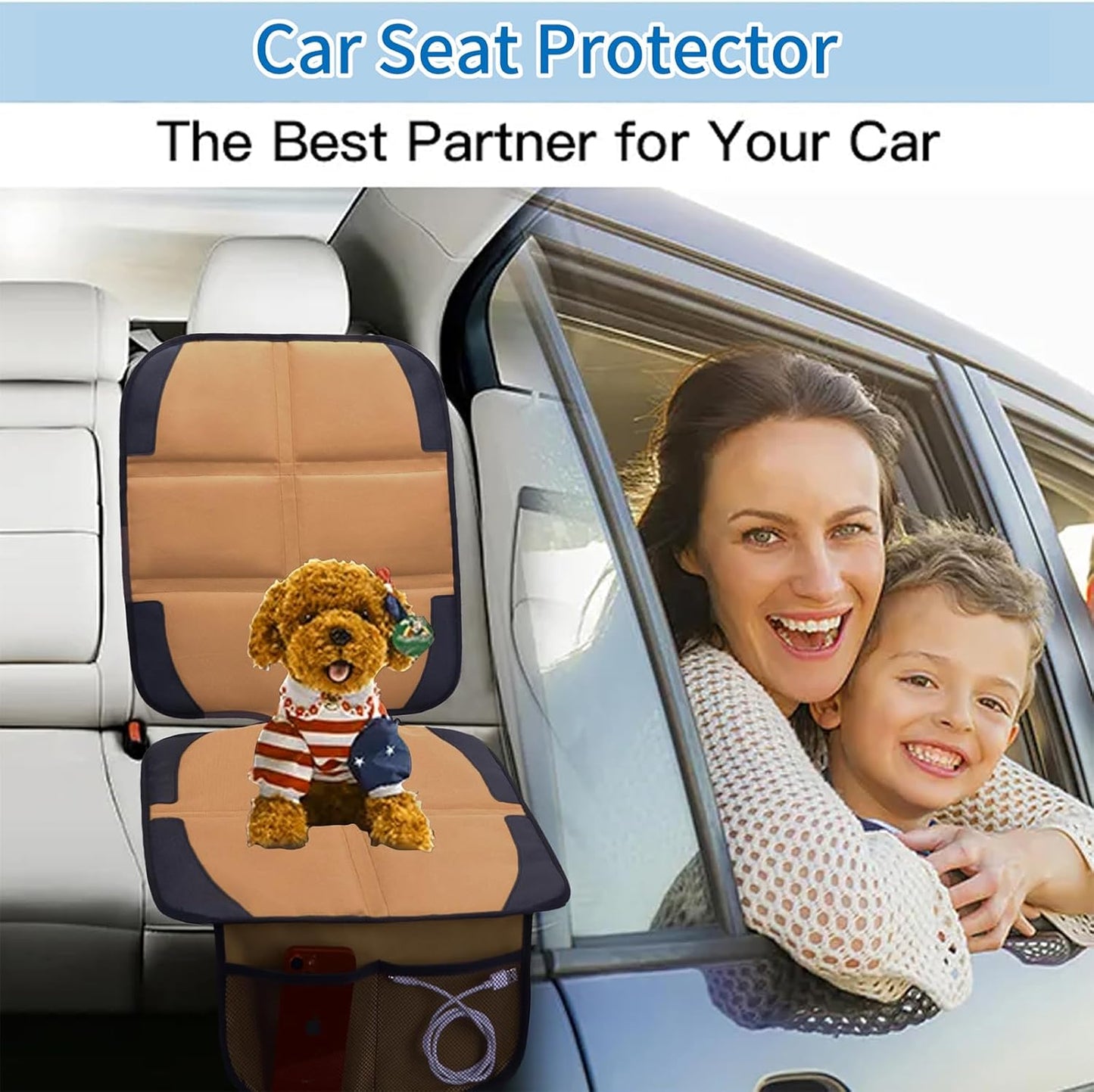 Car Seat Protector for Child Car Seat, 2 Pack Baby Car Seat Covers with Mesh Pockets & Non-Slip Backing 600D Durable Seat Protector (Brown, Standard)