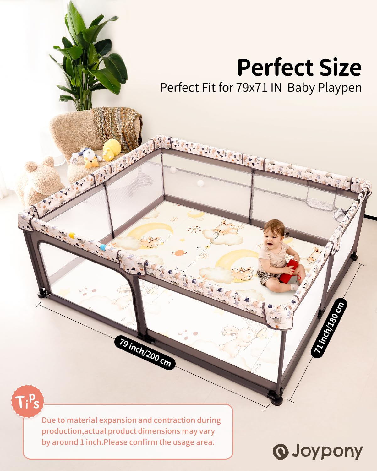 Baby Play Mat, 79" X 71" X 0.6" Extra Large & Thick Reversible Foldable Play Mats for Babies and Toddlers, Anti-Slip Portable Baby Floor Mat for Tummy Time, Baby Mat for Floor with Travel Bag