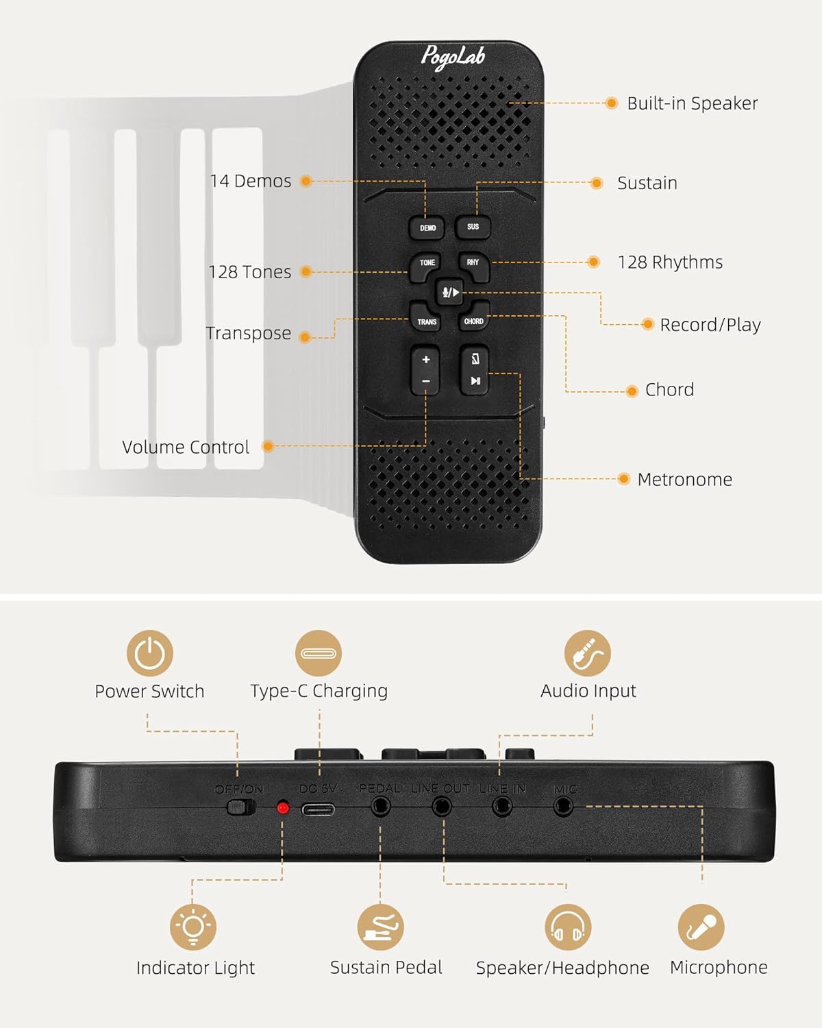 88 Keys Roll Up Keyboard Piano, Portable Electric Foldable Piano with Sustain Pedal, 14 Songs, 128 Tones, 128 Rhythms, Rechargeable & Dual BT Function, Music Gift for Beginners