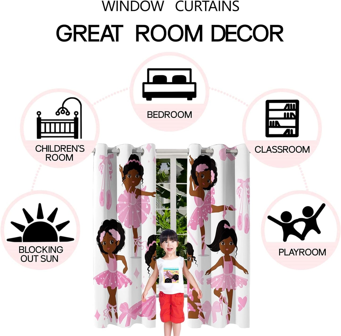 Cute Black Girl Curtain Panels for Girl Room Black Girl Curtains Grommets Top Drapes for Kids Nursery Bedroom Lovely Girls Themed Thermal Insulated Curtains, Black Girl Curtains, 82" x 84"