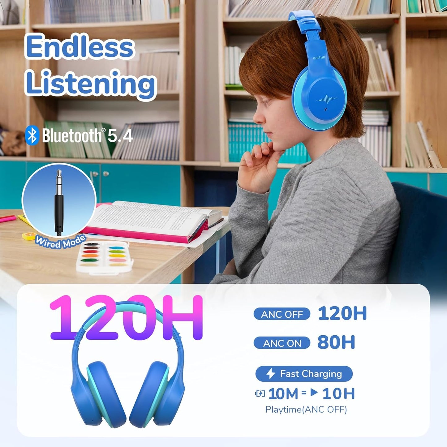 EarFun K4NC Active Noise Cancelling Headphones for Kids, 120H Playtime, 74/85/94dBA Volume Limited, Kids Bluetooth Headphones with Mic, Bluetooth 5.4, Stereo Sound Kid Headset for School/Home/Travel