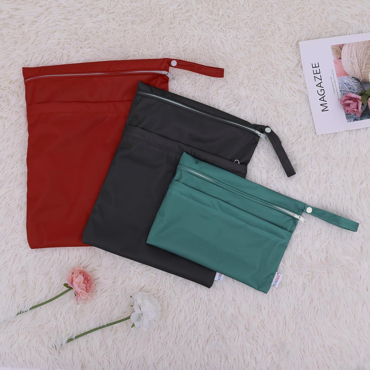 ALVABABY 3 Cloth Diaper Wet Dry Bags Waterproof Reusable with Two Zippered Pockets Travel Beach Pool Daycare Soiled Baby Items Yoga Gym Bag for Swimsuits or Wet Clothes Small medium Large 3L-SML02