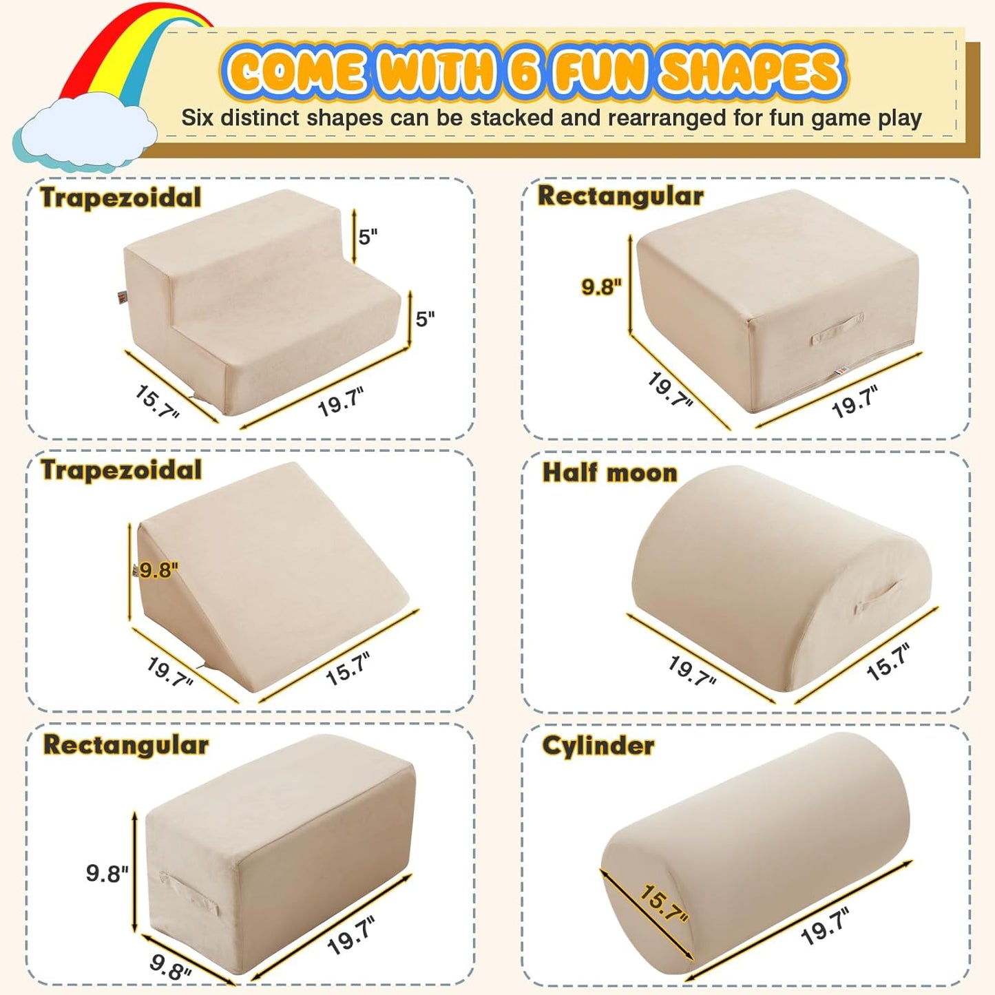 jela Foam Blocks 6Pcs Soft Play Equipment Luxury Miss Fabric, Toddler Climbing Toys Indoor Soft Play Climbing for Toddlers, Lightweight Climbing Blocks for Babies, Kids, Climb and Crawl Foam Playset