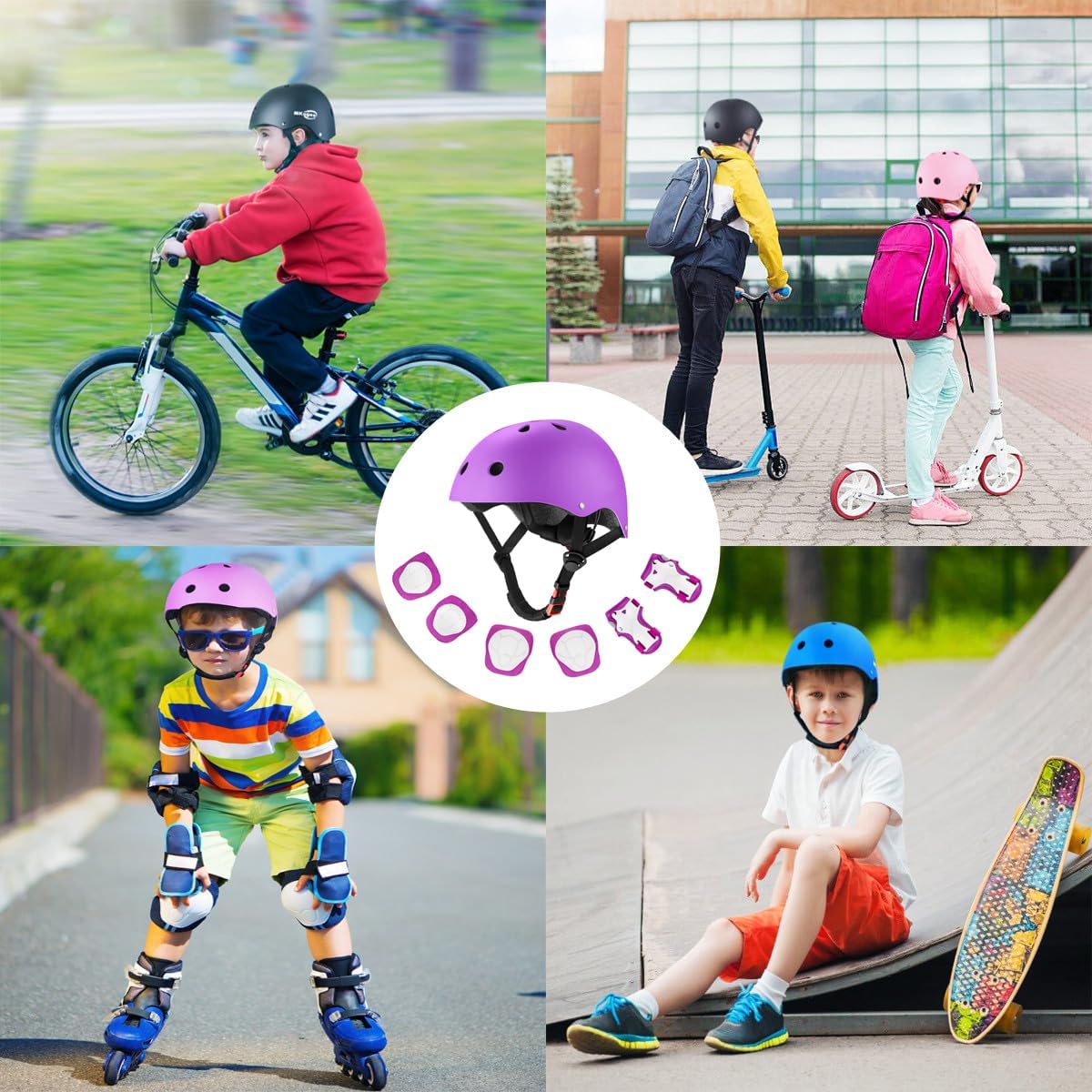 Kids Bike Helmet for Ages 2-14, Adjustable Safety Toddler Helmet with Protective Gear Set, Skateboard Scooter Helmets with Knee Elbow Pads Wrist Guards