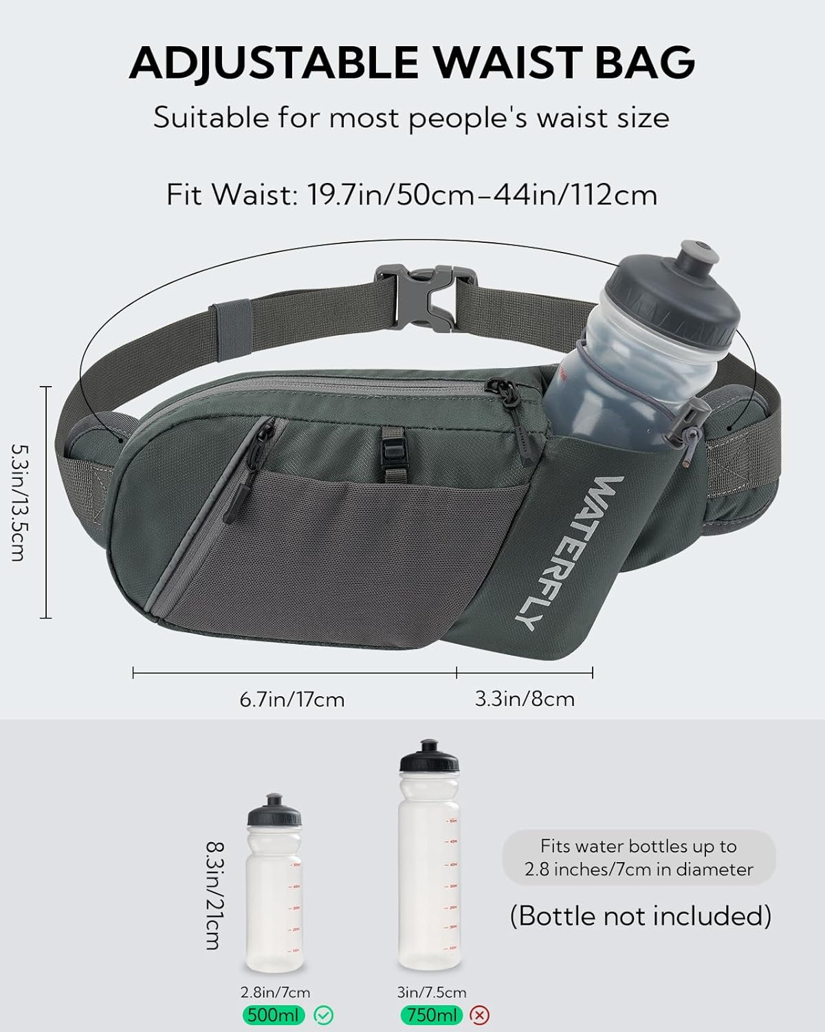 WATERFLY Fanny Pack Waist Bag: Hiking Water Bottle Holder with Strap Waist Pack for Women Men Hydration Hip Packs for Running Walking Traveling-Green