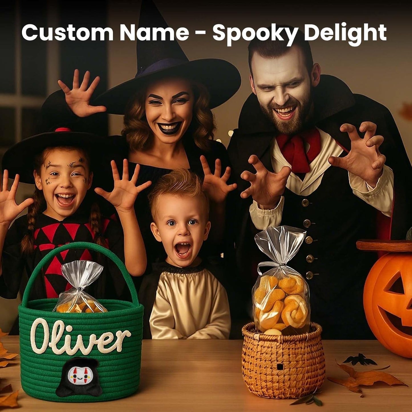 Personalized Halloween Trick or Treat Basket with Name β Custom Woven Candy Bag, Pumpkin or Ghost Bucket for Kids, Boys & Girls
