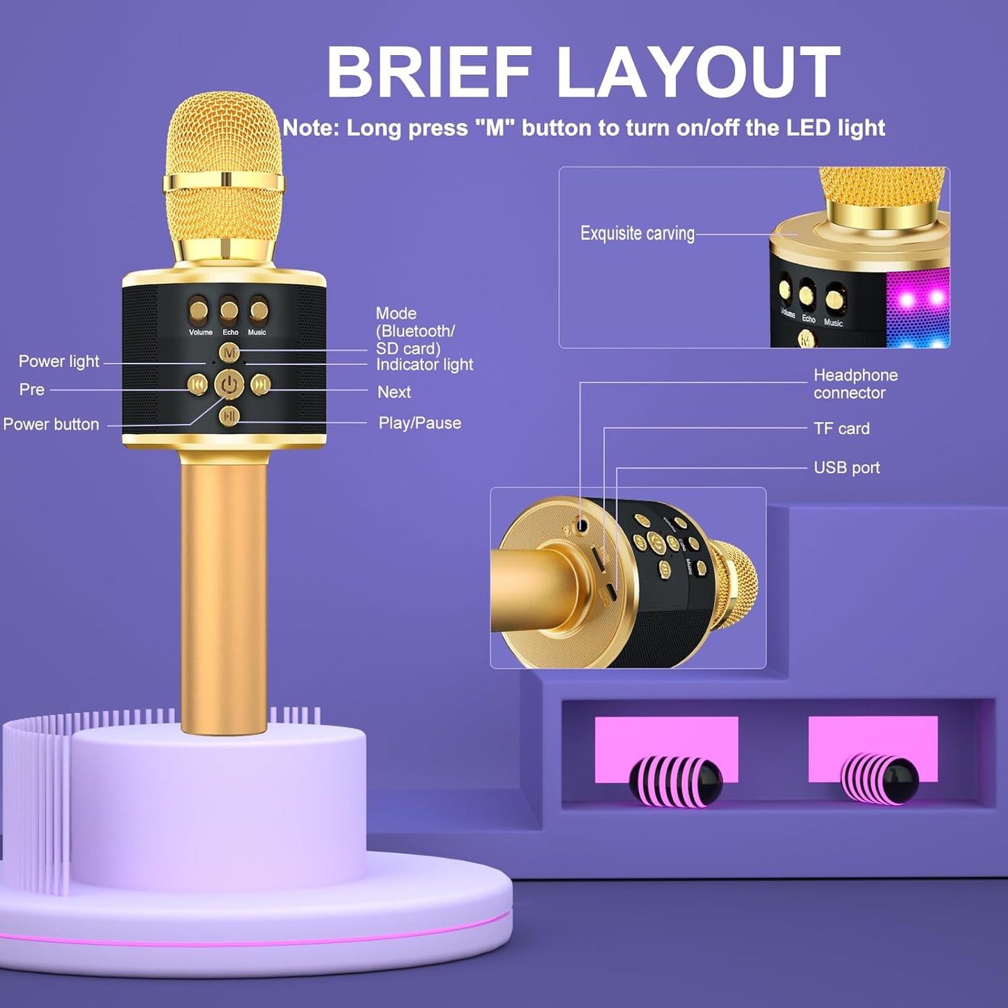 BONAOK Karaoke Microphone for Kids & Adults - Bluetooth Microphones Singing Mic with Disco Lights, Echo Effect, Built-in Speaker Portable Karaoke Player for Party Travel Gifts Q78(Gold)