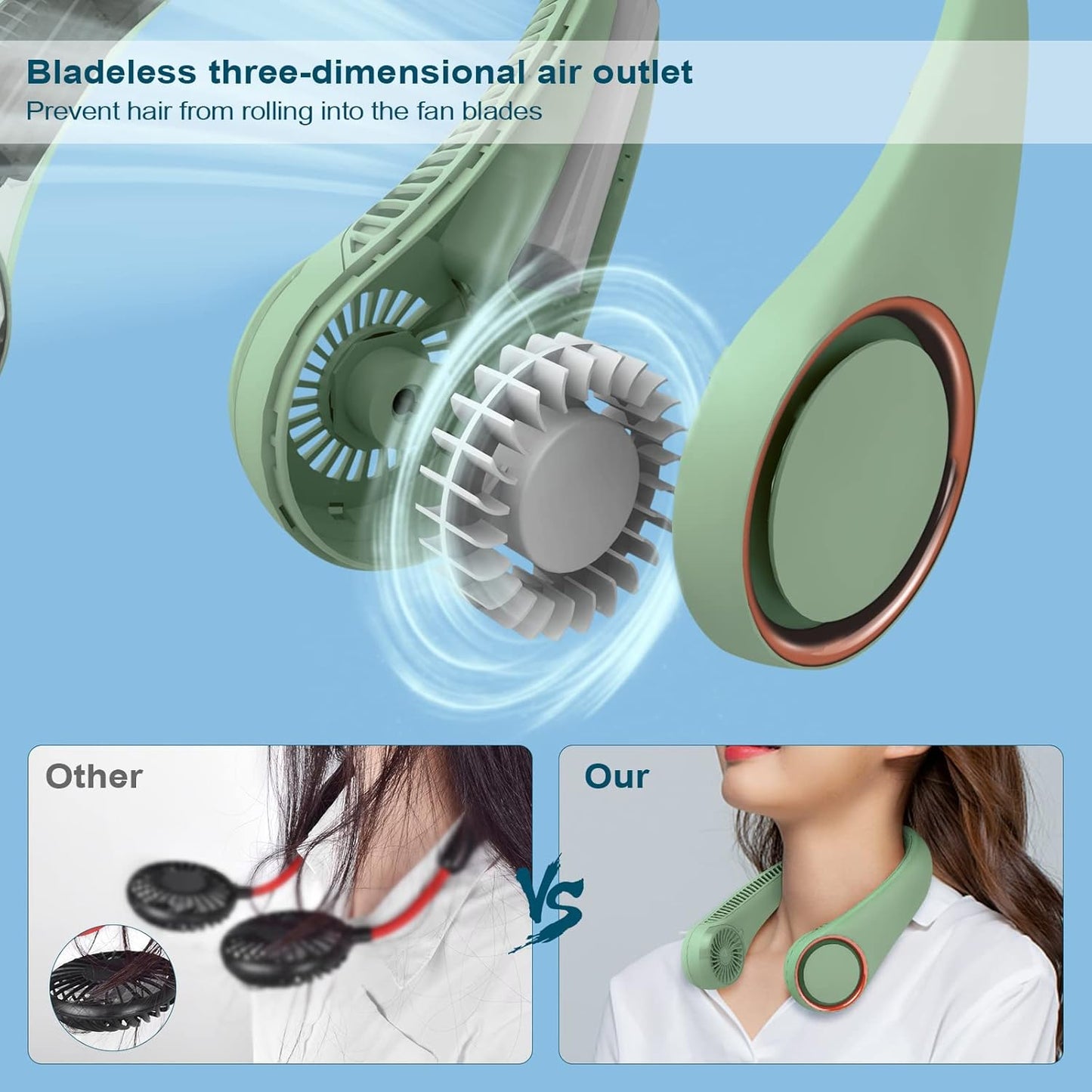 CIVPOWER Neck Fan: Portable Personal Neck Cooling Rechargeable Bladeless Fan - Hands Free 3 Speed 4000 mAh Battery USB Operated Wearable Headphone Design - for Men Women Outdoor Indoor (Light Green)