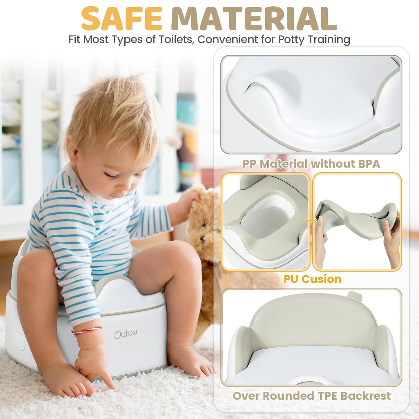 Orzbow 3-in-1 Potty Training Toilet, Detachable Baby Potty, As Toddler Toilet Seat, Chair, Step Stool for Boys & Girls 18+ Months, Potty Training Seat with Splash Guard, Lid, Easy Clean, Brown