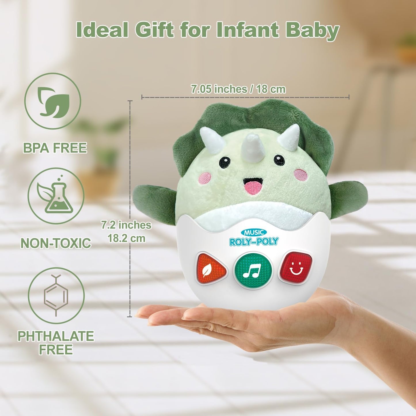 Baby Dinosaur Toys 0-3-6-12 Months, Musical Infant Toys with Light & Sounds, Soft Plush Stuffed Animal, Newborn Boys Girl 1st Birthday Shower Gift, Roly-poly Sensory Tummy Toy Easter Egg Gifts