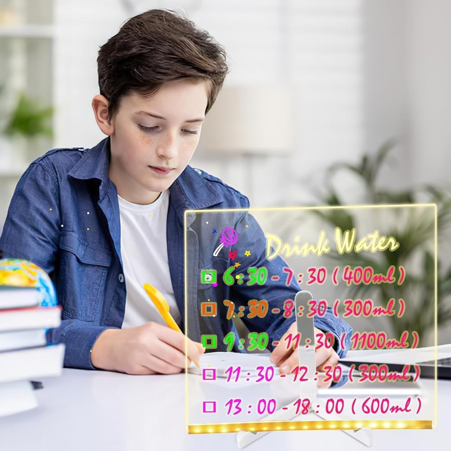 LED Note Board with 12 Colors Markers, 8x8 Inch Light up Acrylic Dry Erase Board Glow Drawing Writing Board with Stand Led Message Memo Board for Office School Home Bedroom Kitchen