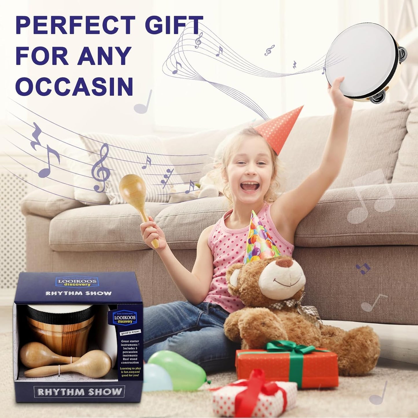 LOOIKOOS Toddler Musical Instruments for Kids Ages 5-9 Montessori Toys for Toddlers 3-5 Wooden Percussion Instruments Drum set for Kids Gifts