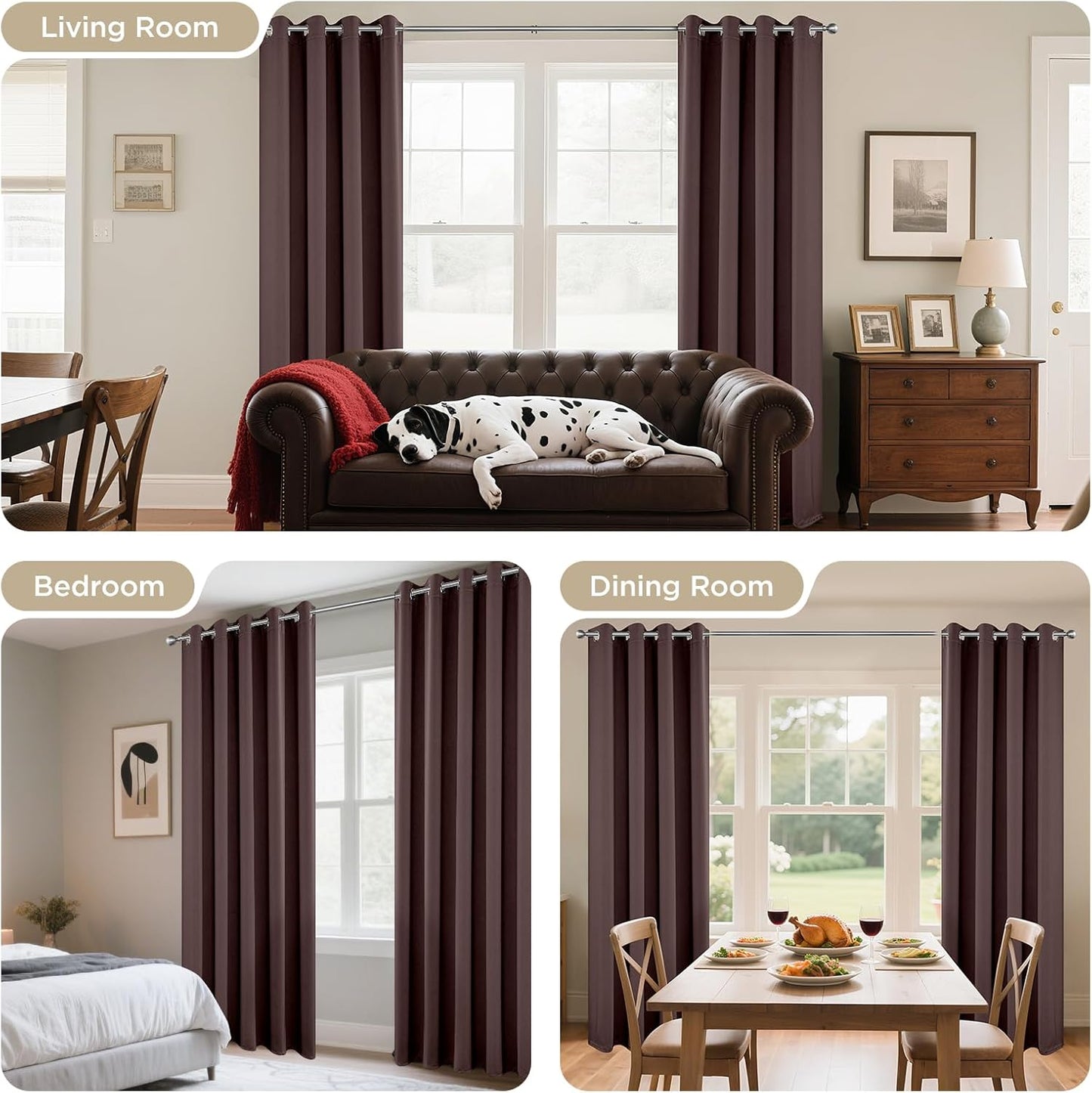 Joydeco Blackout Curtains 72 Inch Length 2 Panels Set, Thermal Insulated Long Curtains& Drapes 2 Burg, Room Darkening Grommet Drapes for Living Room Bedroom Window (W52 x L72 Inch, Chocolate)
