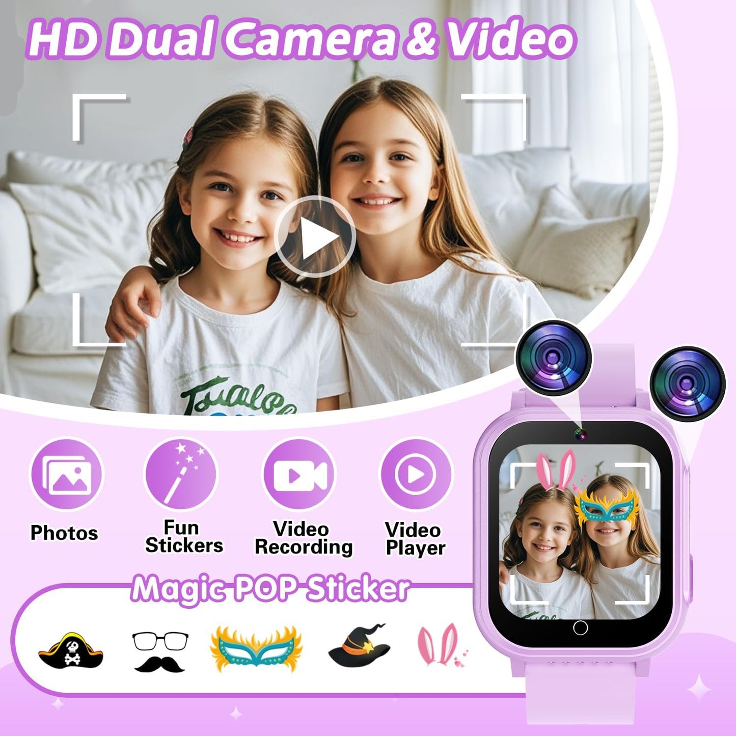 Kids Waterproof Smart Watch Gift for Girls Age 5-12, 32 Games HD Touchscreen Kids Watch with Dual Camera Video Music Player Pedometer Learn Cards 12/24hr Toys Birthday Gifts for Girls Ages 6 7 8 9