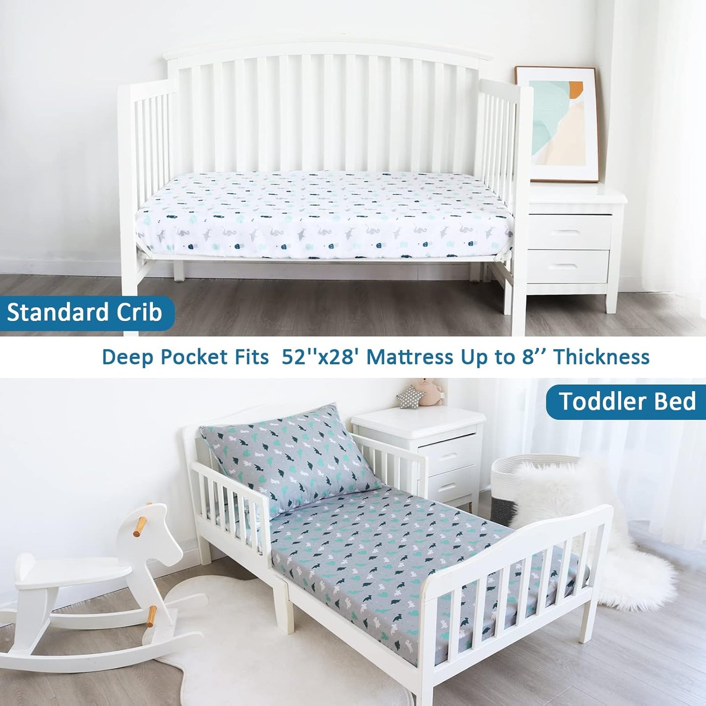 Crib Sheets for Boys or Girls 4 Pack, Baby Crib Sheets 52'' x 28'' for Standard Crib & Toddler Mattress, Soft and Breathable Material, Baby Crib Sheet Neutral, Grey Dinosaurs & Ocean