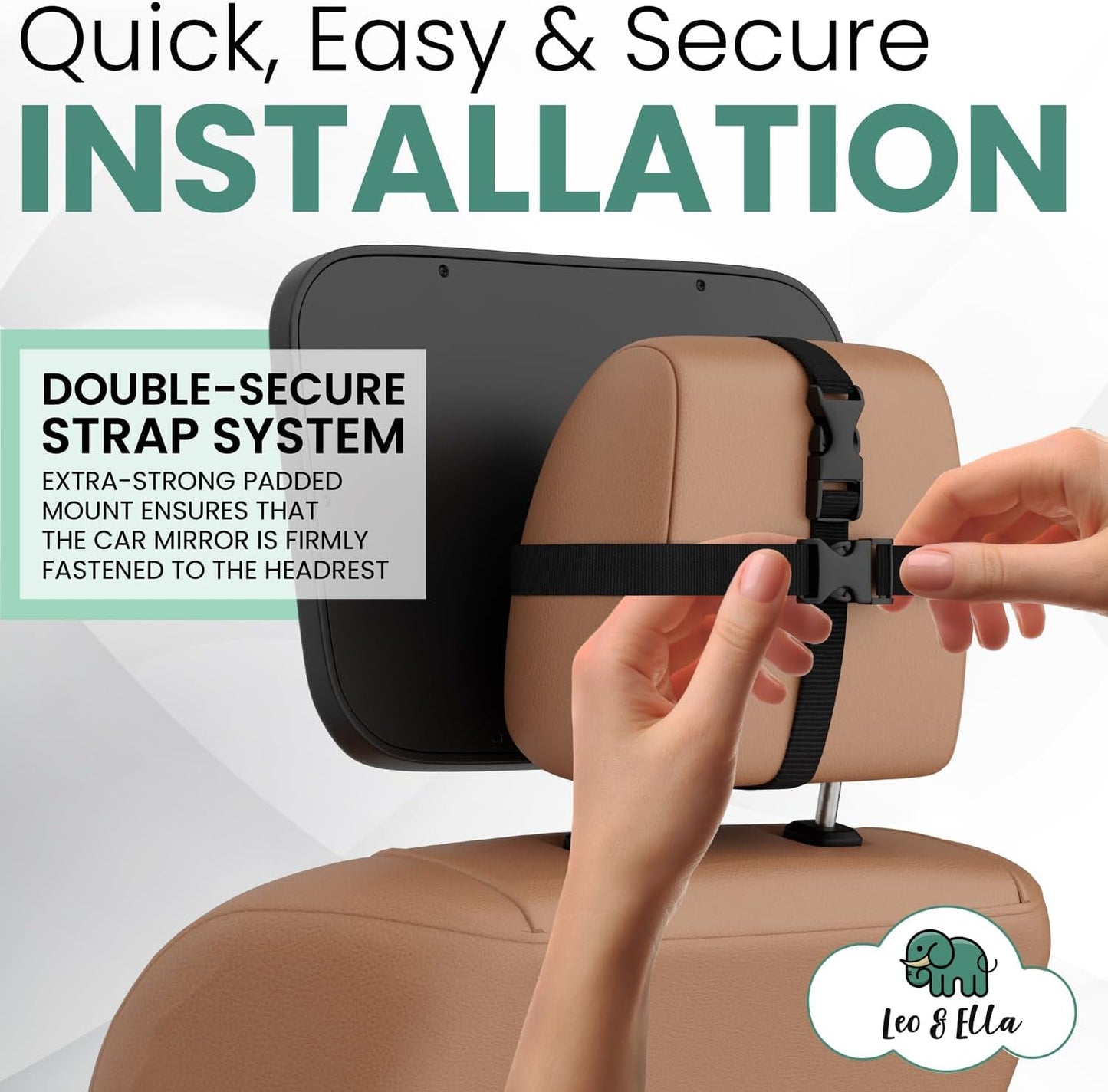 Leo and Ella - Baby Car Mirror - Extra Large & Ultra Clear Infant View, Crash Tested Shatterproof Design w/ 360° Adjustable Mount, Premium Car Mirror For Baby