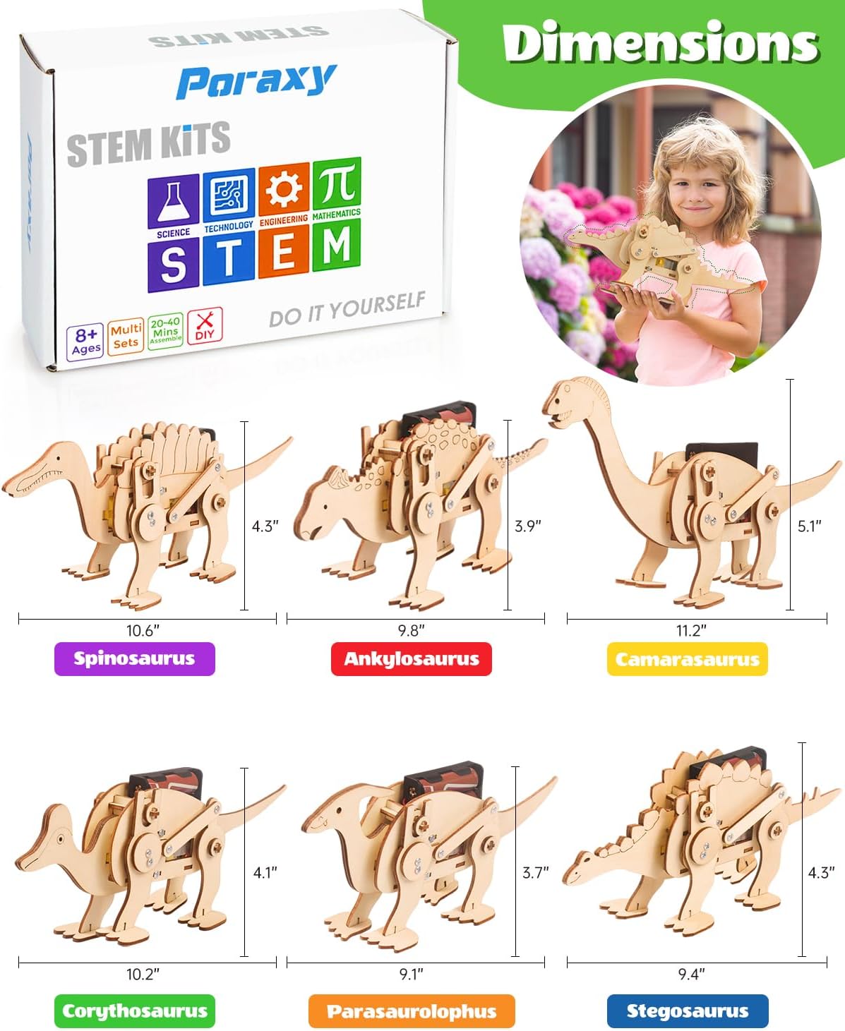 Poraxy Dinosaur Toys, 6 Set STEM Kits for Kids Ages 8-10-12, Toys for Ages 8-13, Science Kits Buildings Projects, 3D Wooden Puzzles Robot Crafts, Gifts for Boys and Girls Ages 8 9 10 11 12 13