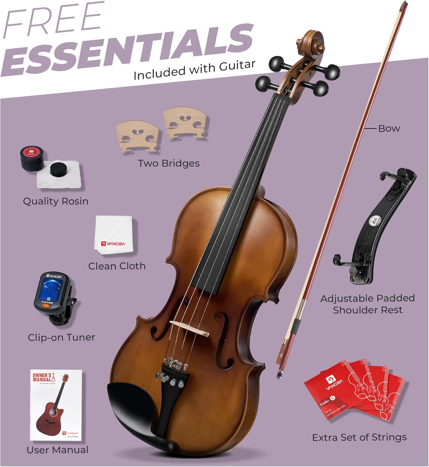 Vangoa Violin 4/4 Full Set Size, Fiddle Solid Spruce Wood Tiger Pattern for Professional Advanced Intermediate Beginners Adults Student Starter Acoustic Violins Kit Outfit Ebony Fittings, Hard Case