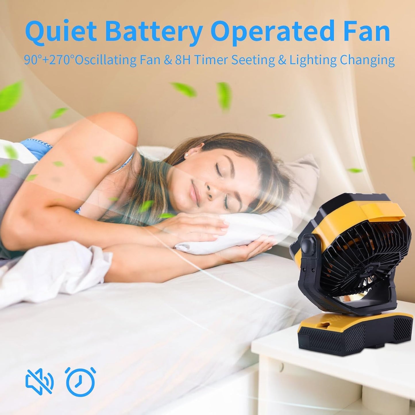Camping Fan 20000mAh Rechargeable Battery Operated fan Outdoor Tent Fan with Light & Hook 270° Pivot, knob Speeds, Personal fan USB Desk Fan for Camping Power Outage Yellow X68