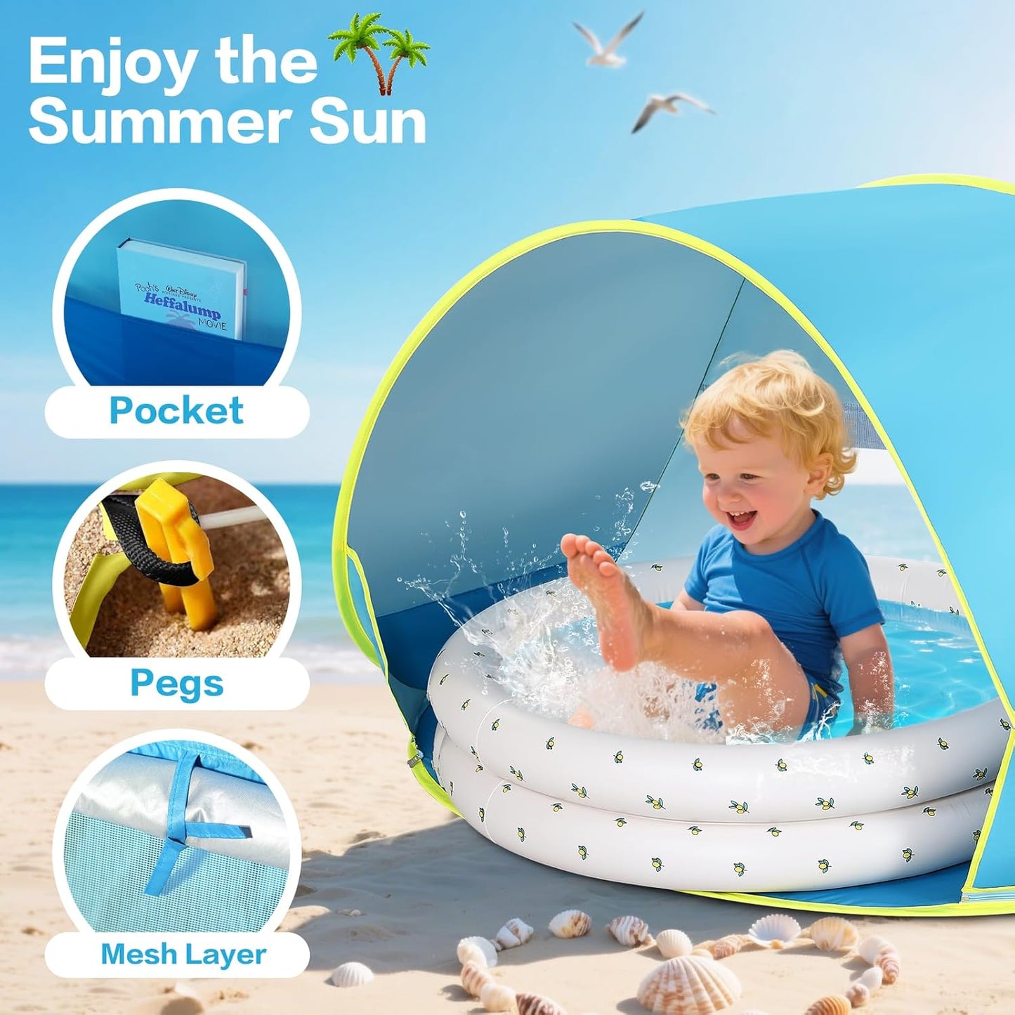 Baby Beach Tent Canopy: with Inflatable Kiddie Swimming Pool Toys - UPF50+ UV Protection Pop Up Sun Shelter Tent & Small Pool - Beach Essentials for Infant Toddlers