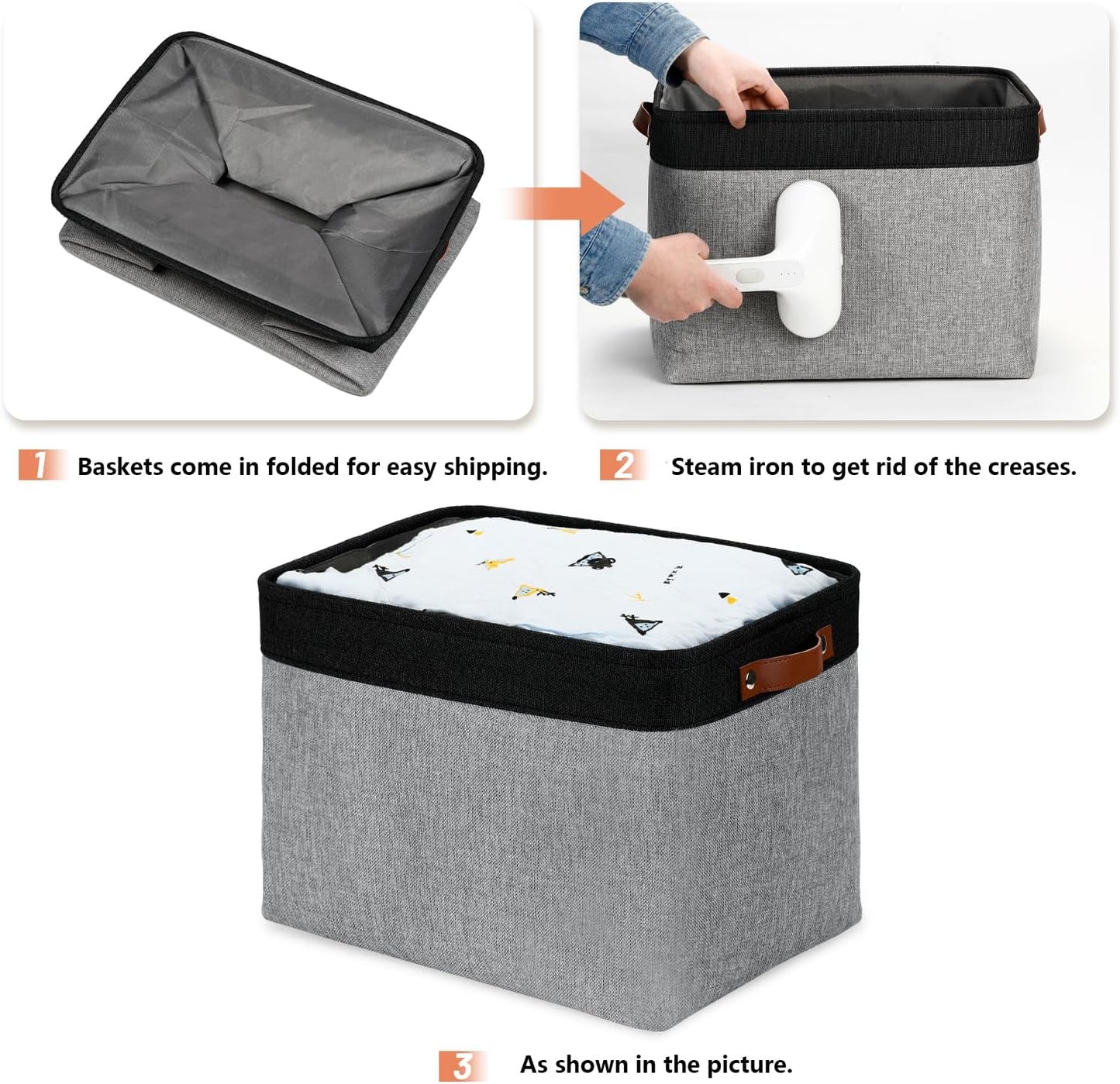 DULLEMELO Fabric Storage Bins - Decorative Large Baskets for Home Shelves & Bedroom, Canvas Toy Organizers (Black & Gray)